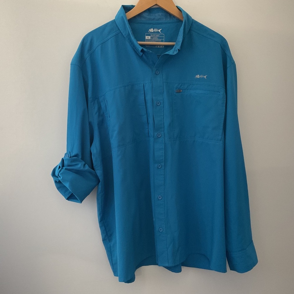 Silver Bait Mens XXL Blue Performance Fishing Shirt Long Sleeve Roll Tab Ripstop
